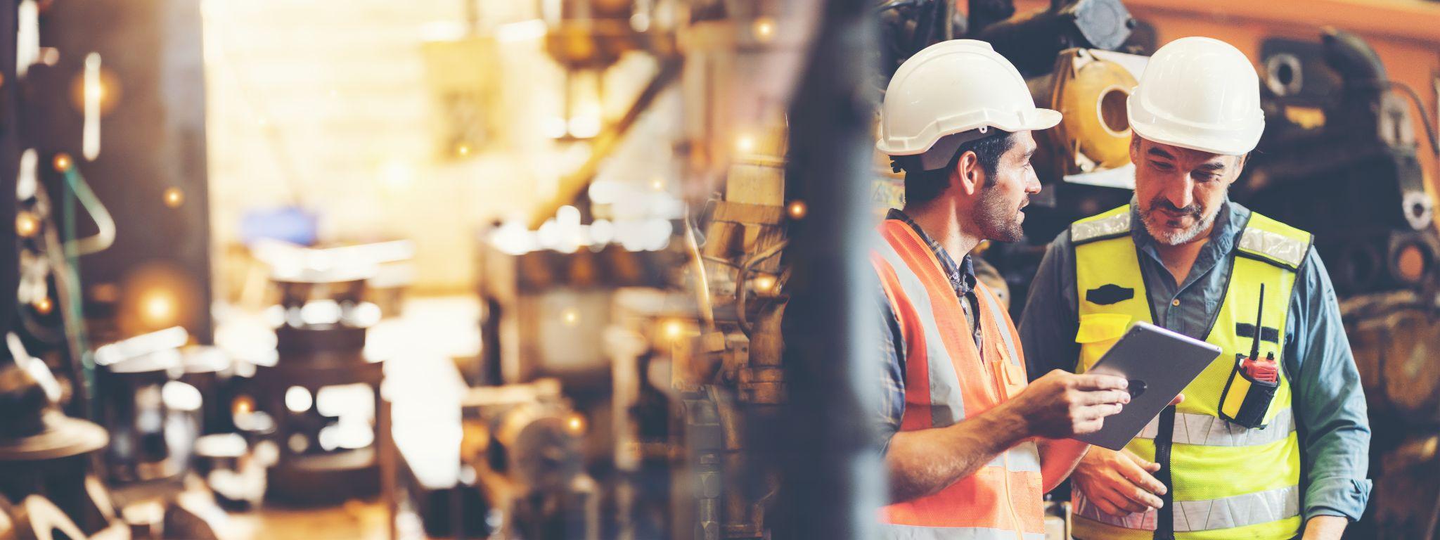 Professional technician engineer with safety helmet working in industrial manufacturing factory